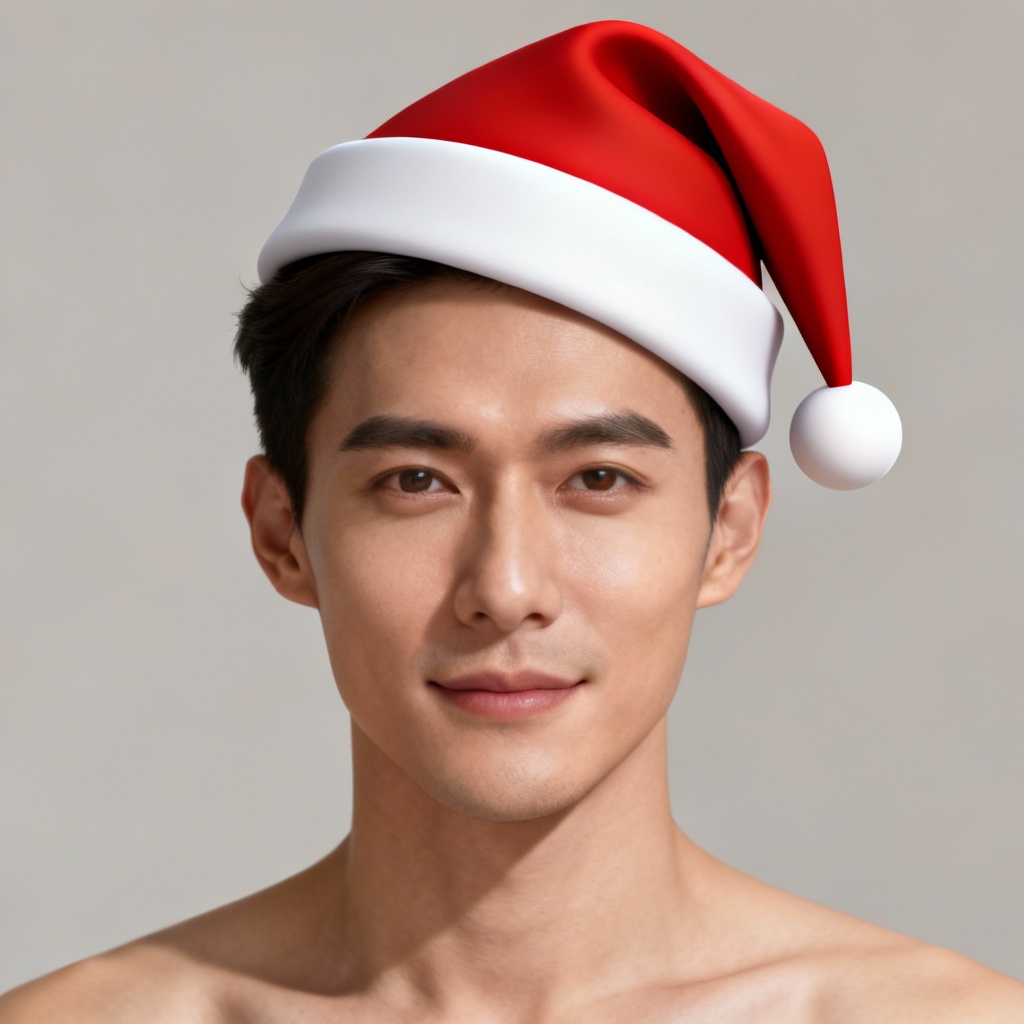 Professional headshot with subtle festive Santa hat