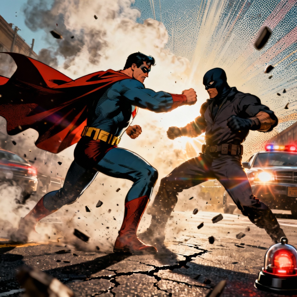 AI superhero versus villain showdown on a city street with debris