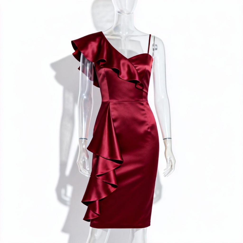 AI cherry red ruffle cocktail dress