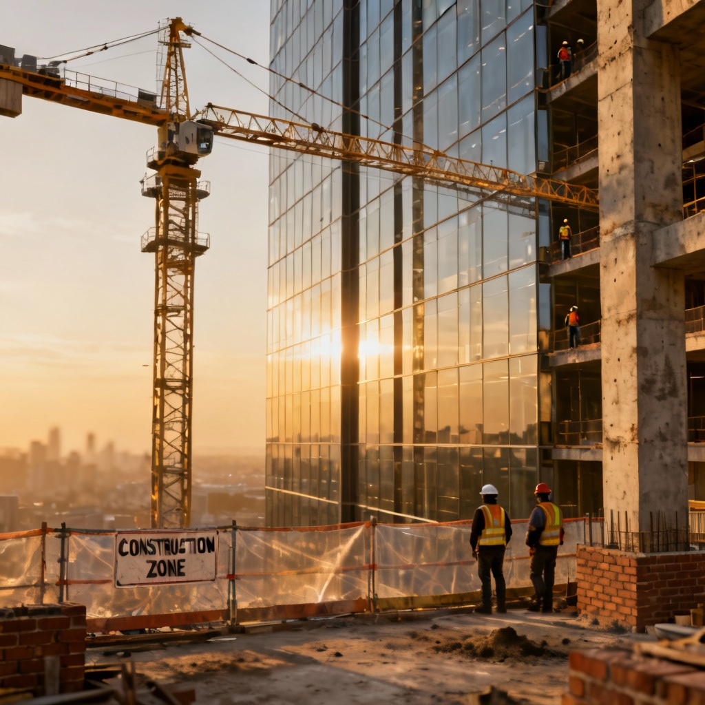 Photorealistic modern construction site with tower crane and glass tower