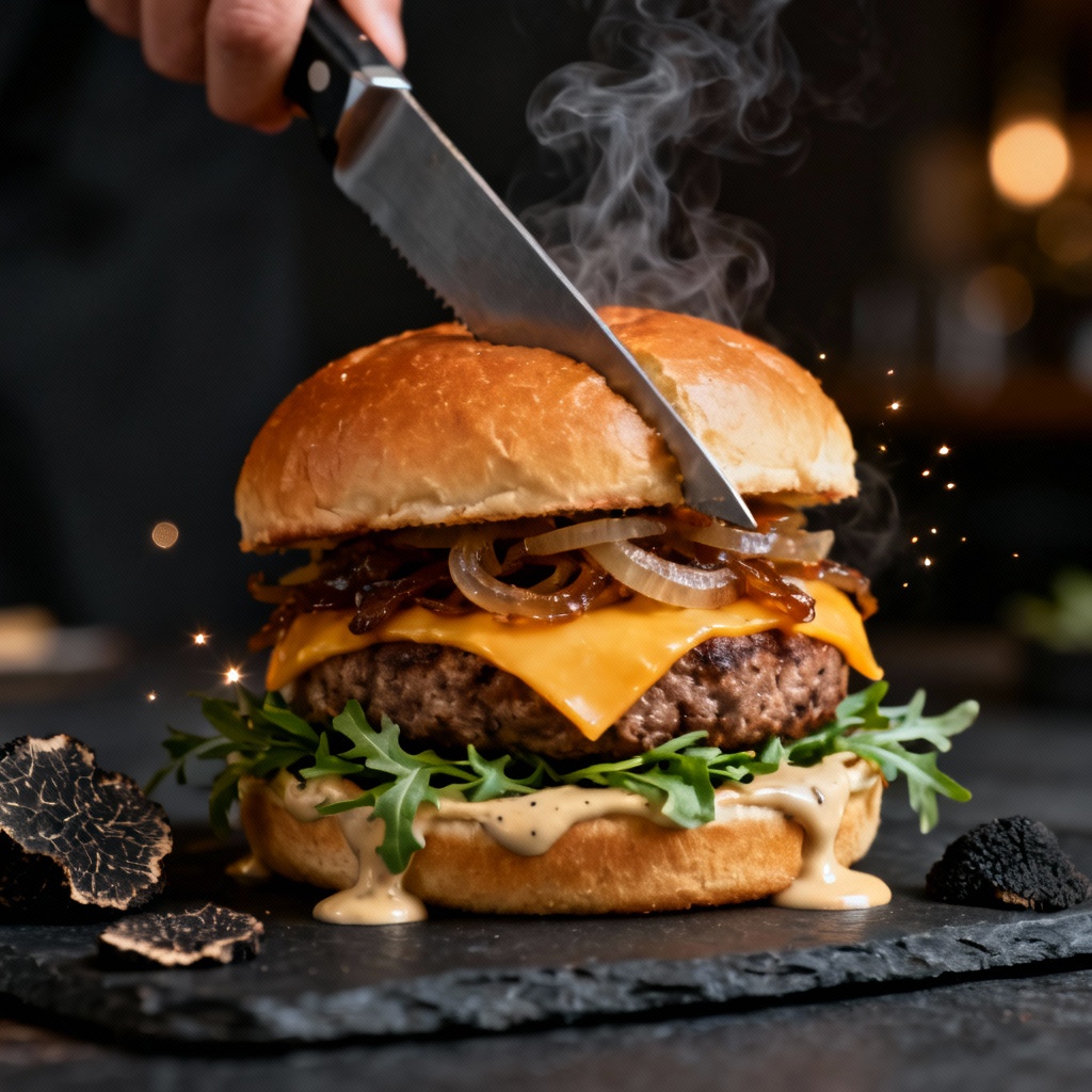 AI gourmet truffle burger hero shot on slate