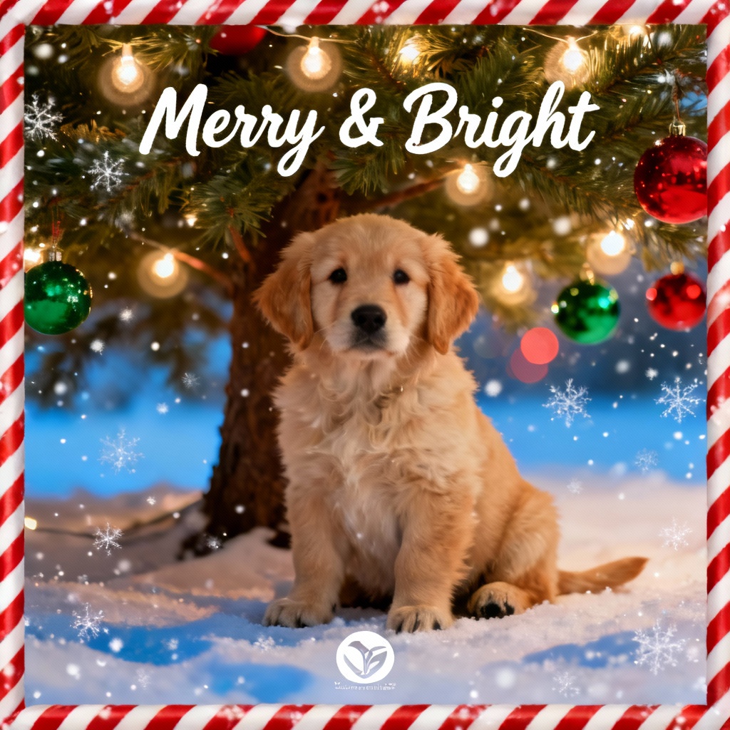 Puppy under the tree Christmas card with ornament bokeh