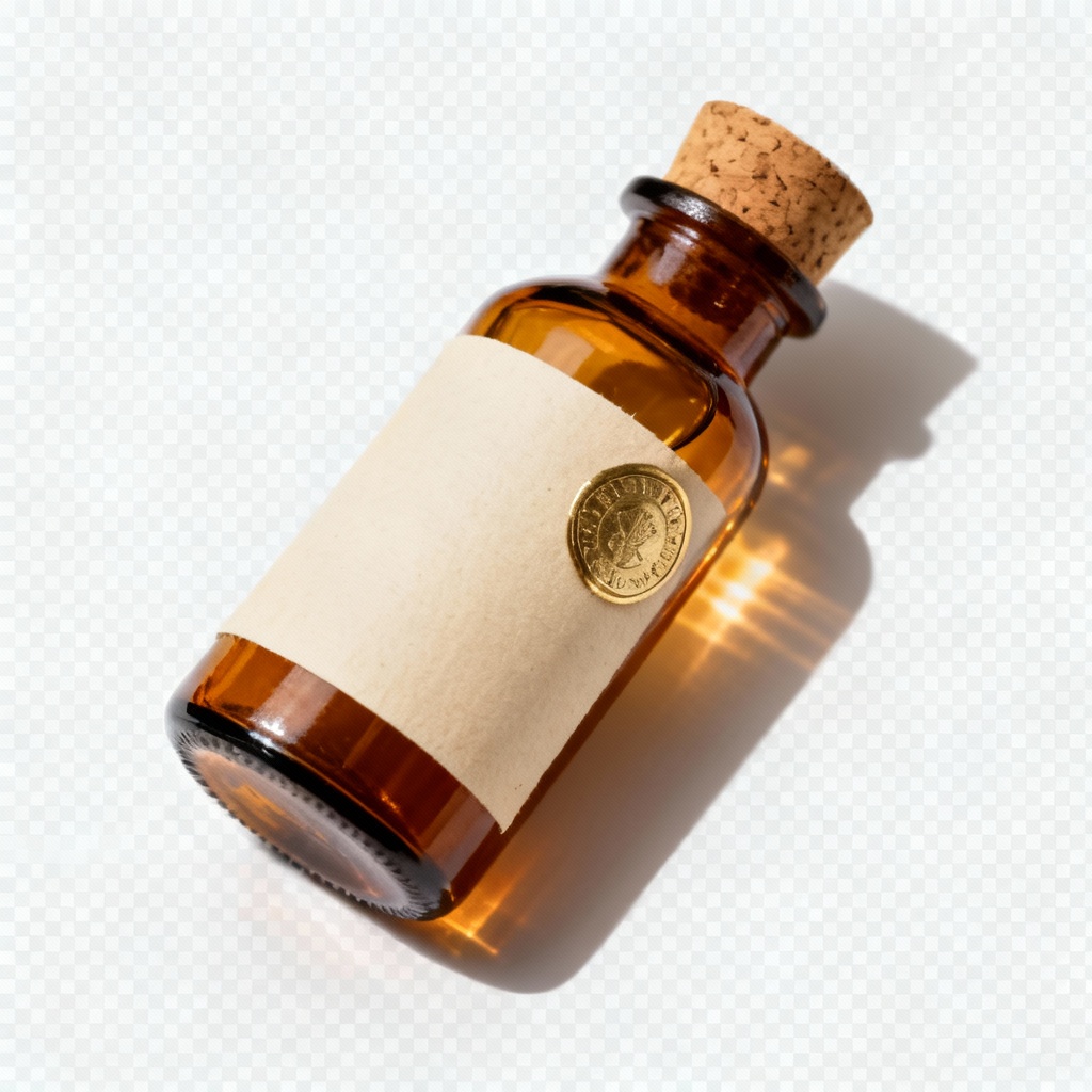 AI transparent amber apothecary bottle mockup with paper label