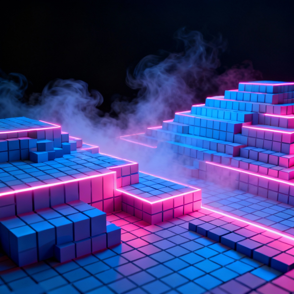 AI voxel terrain made of glowing blocks