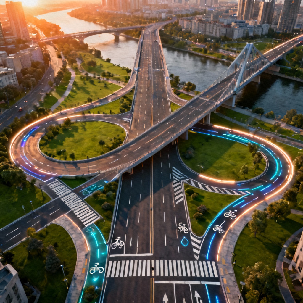 AI aerial futuristic road network over mixed terrain