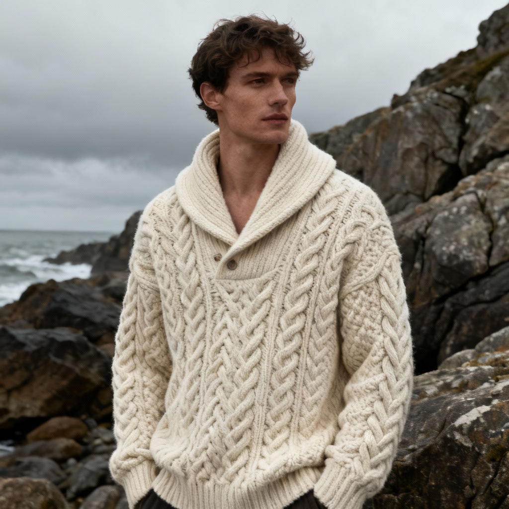 AI cable knit fisherman cardigan with shawl collar