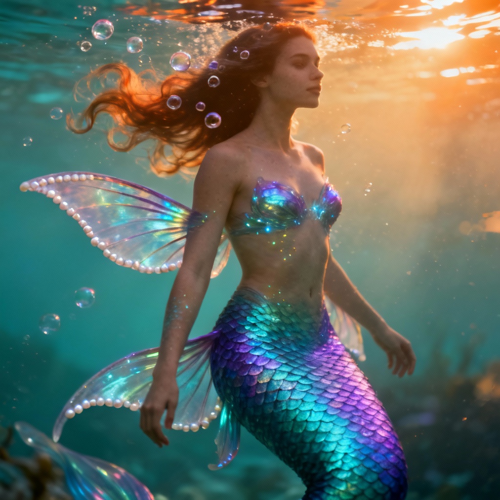 AI Mermaid Tail Underwater Portrait With Iridescent Scales