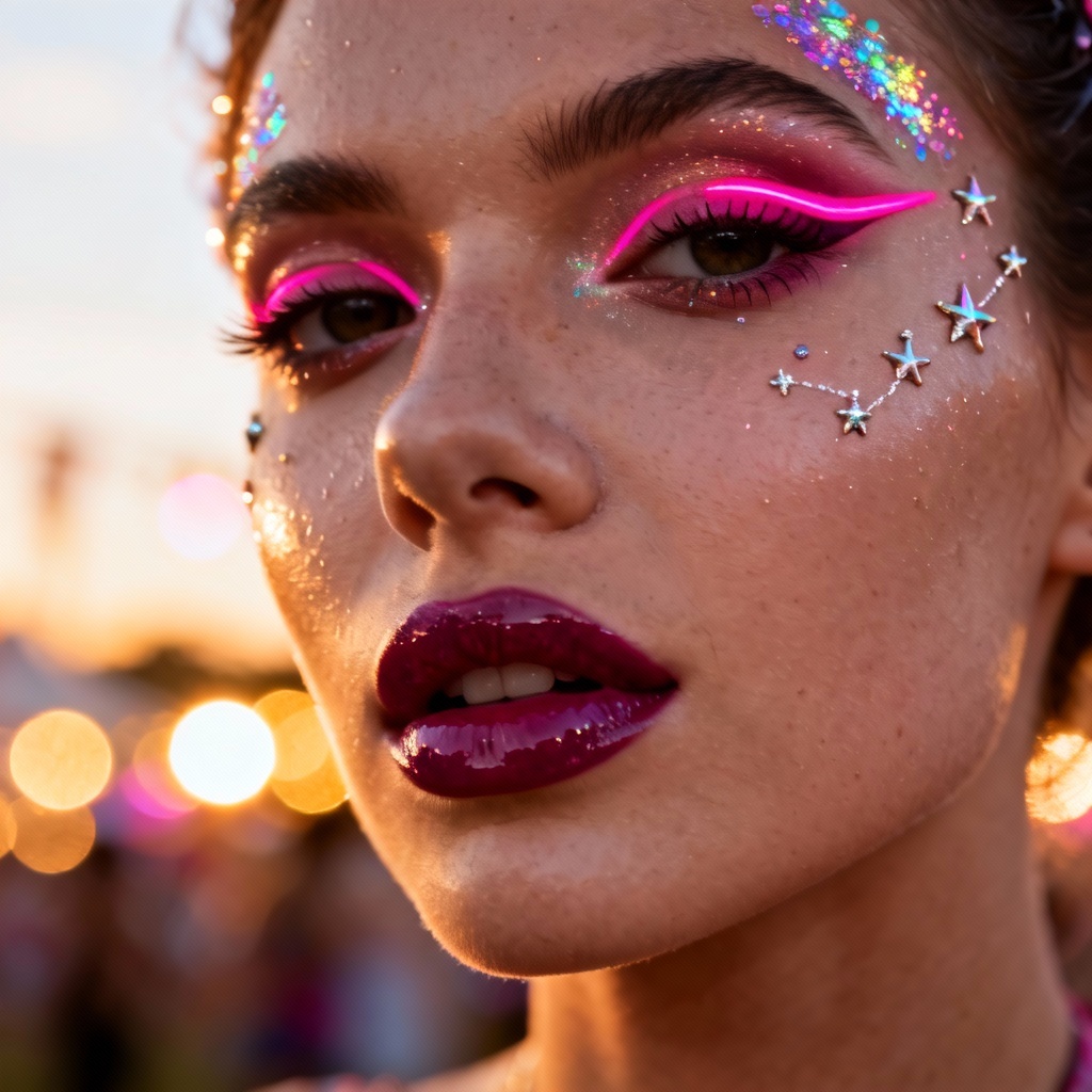 AI holographic glitter rave festival makeup look