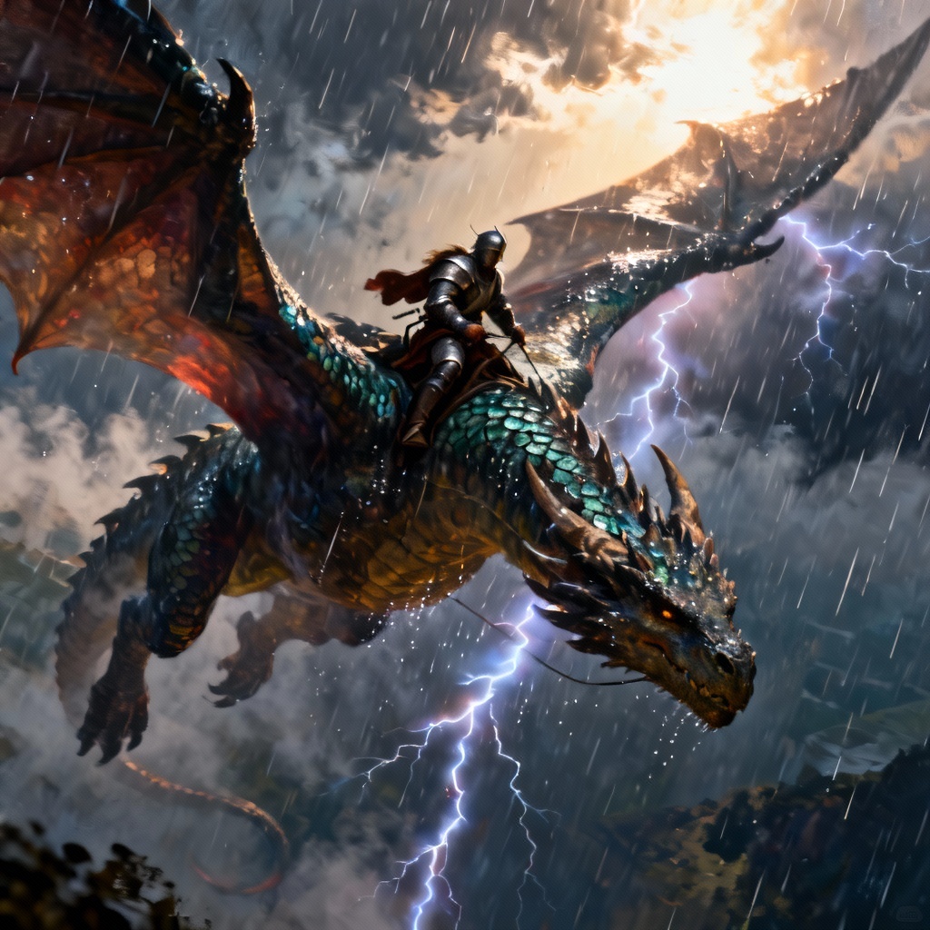 AI dragon rider flying through storm