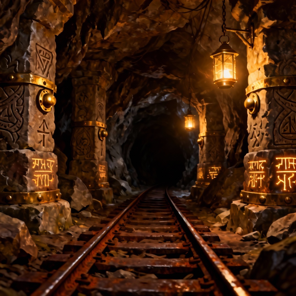 AI fantasy dwarven mine cave with rails, lanterns, and carved pillars
