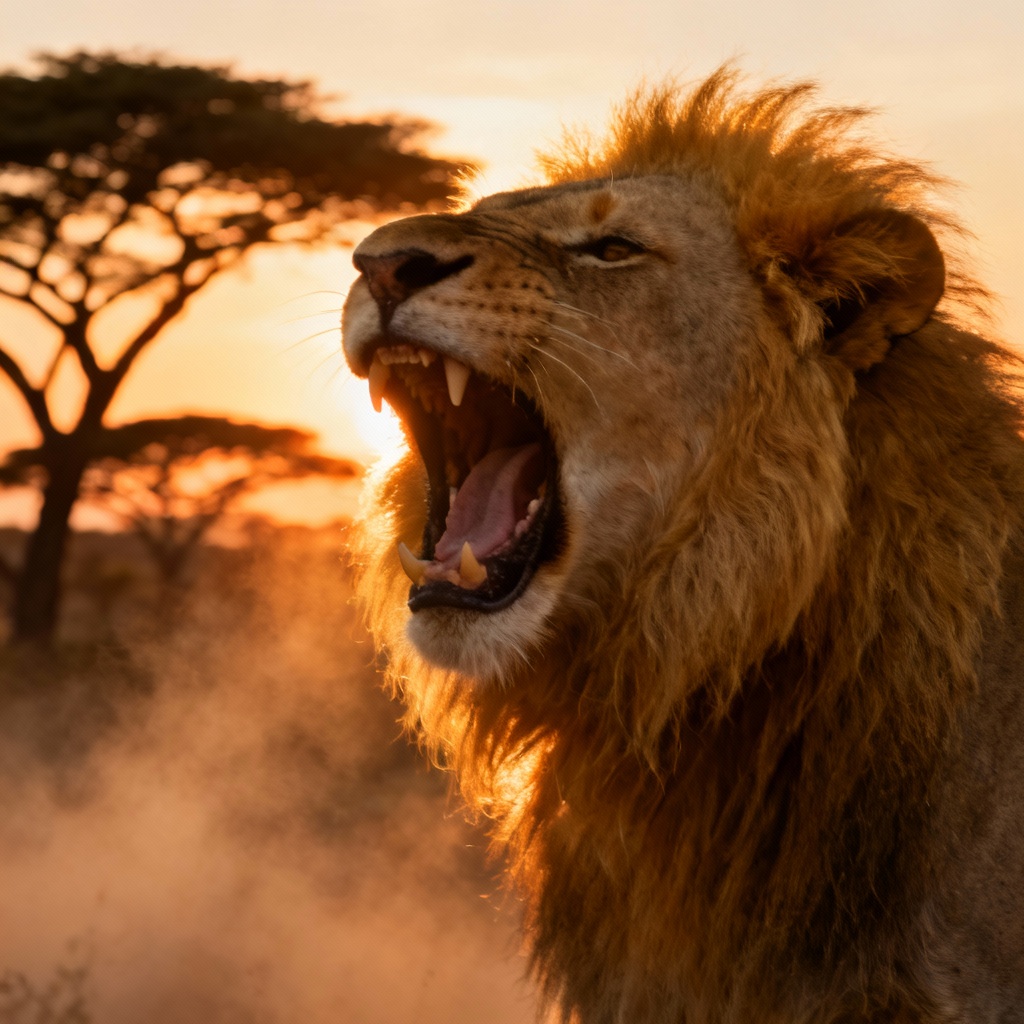 AI roaring lion on savanna at sunset