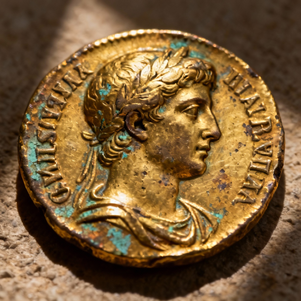 Macro photo of a detailed ancient gold coin with patina