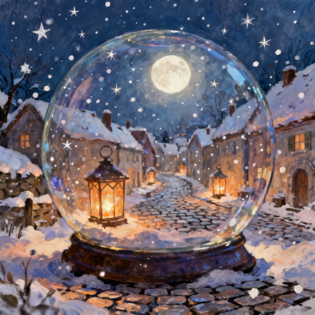 Fantasy winter village inside AI snow globe with moonlight