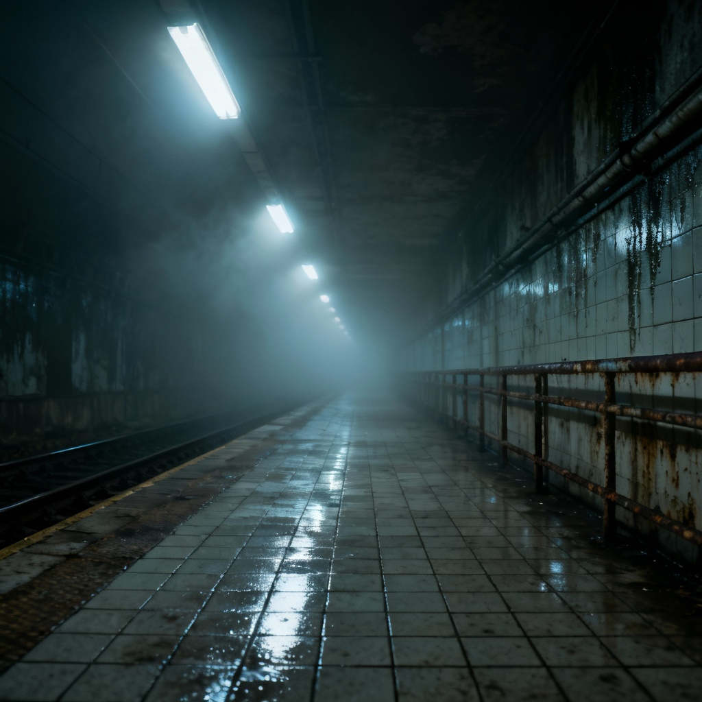 Eerie abandoned train station hallway with fog and pale lights