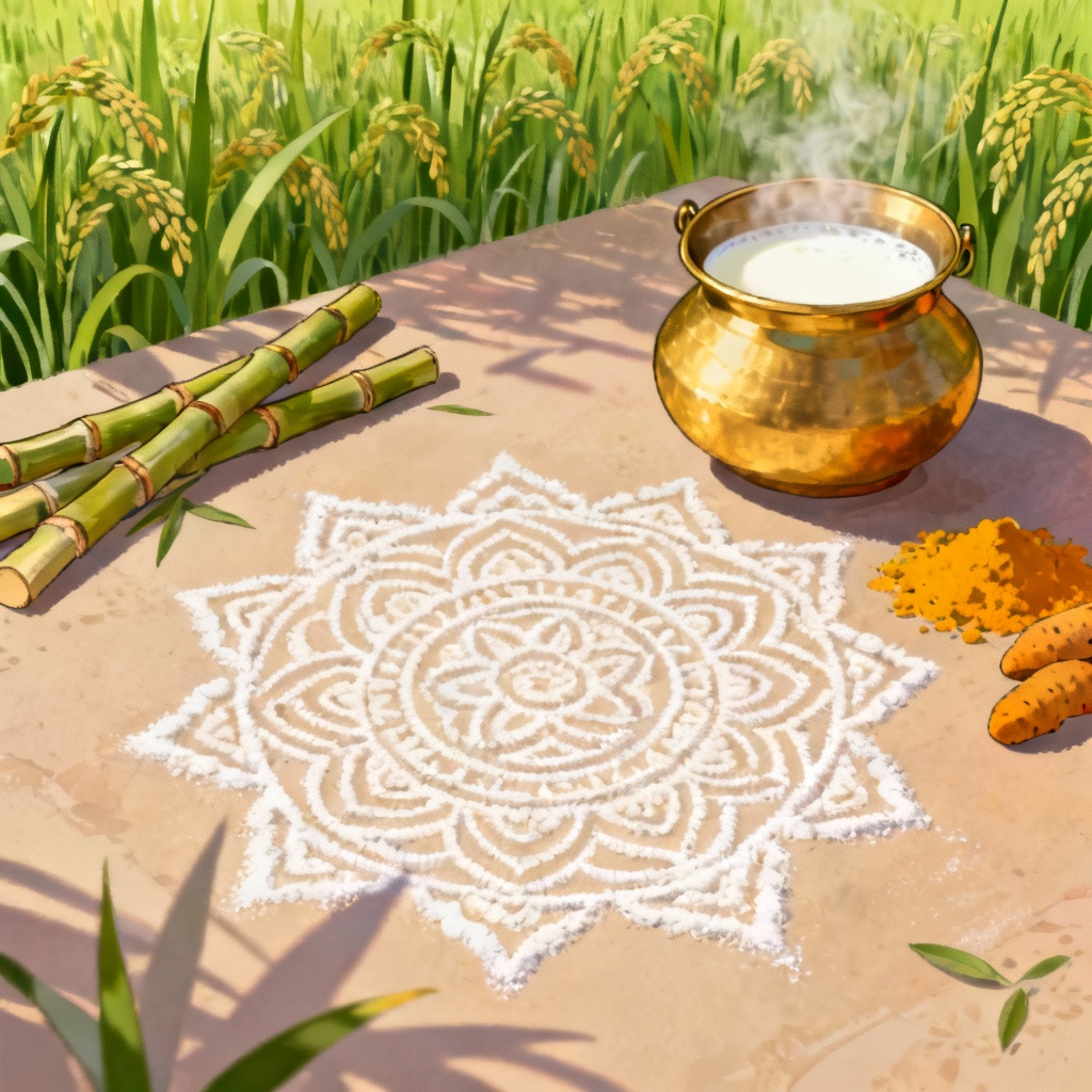 AI Pongal kolam rangoli with sugarcane and pots