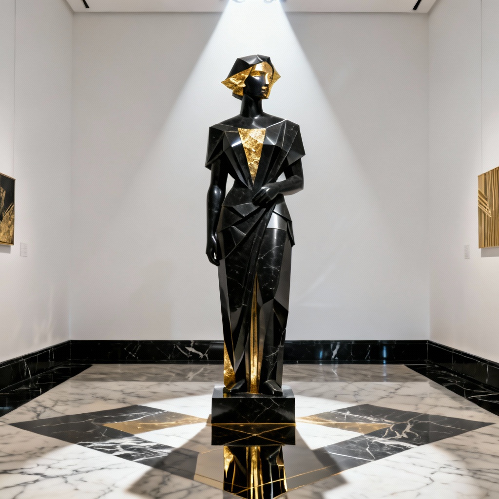 AI Art Deco Black Stone Goddess Statue