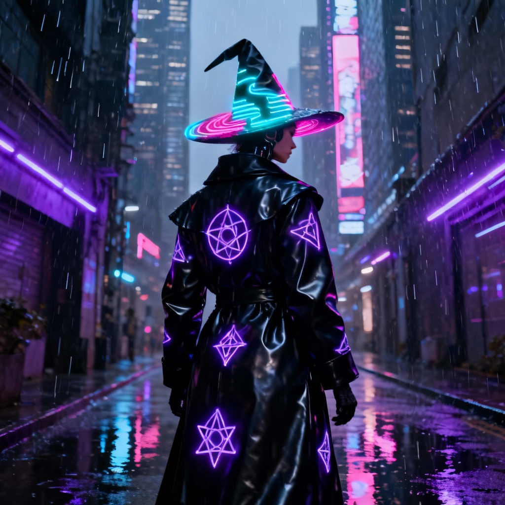 AI cyberpunk witch costume with neon accents
