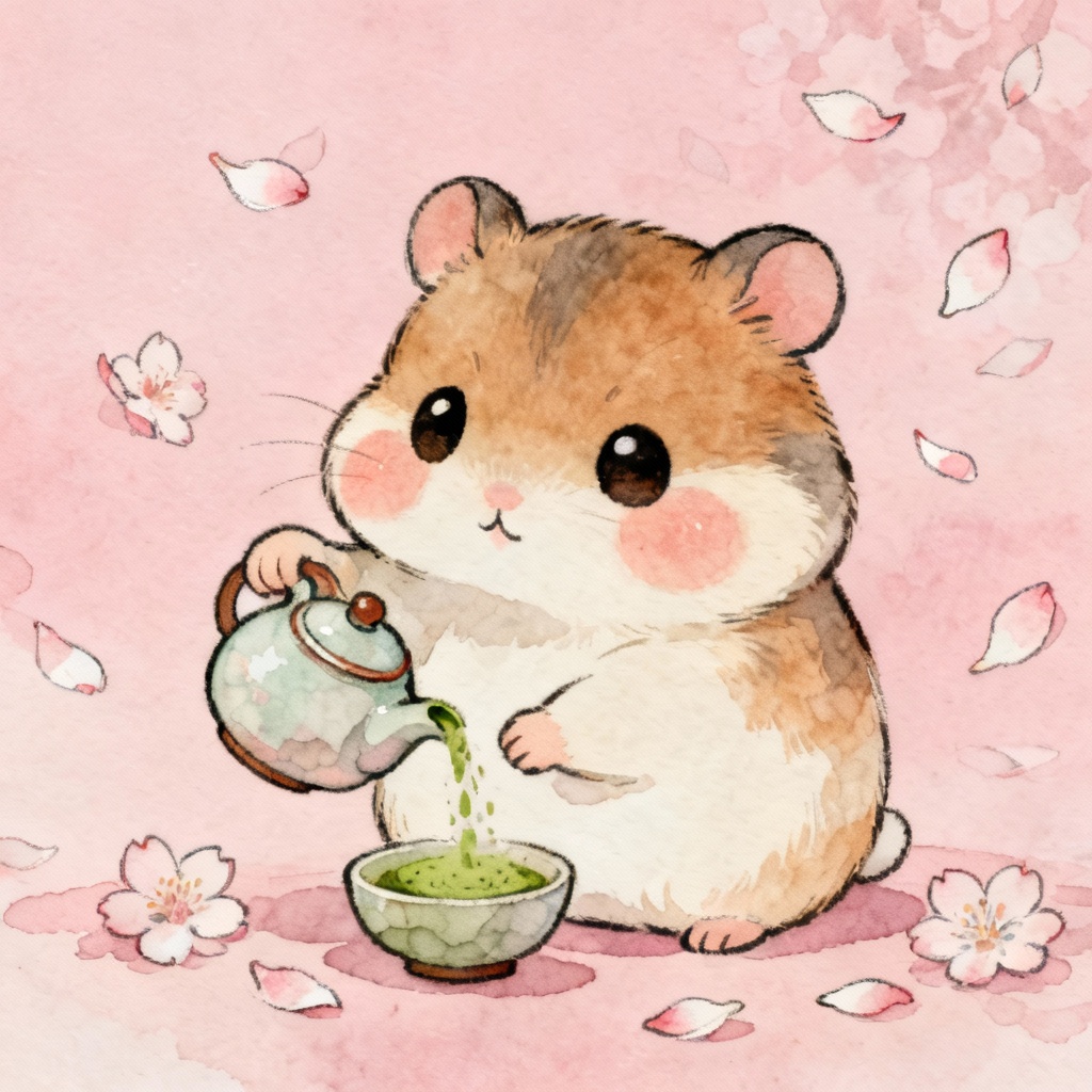AI Sakura Hamster Tea Time Illustration