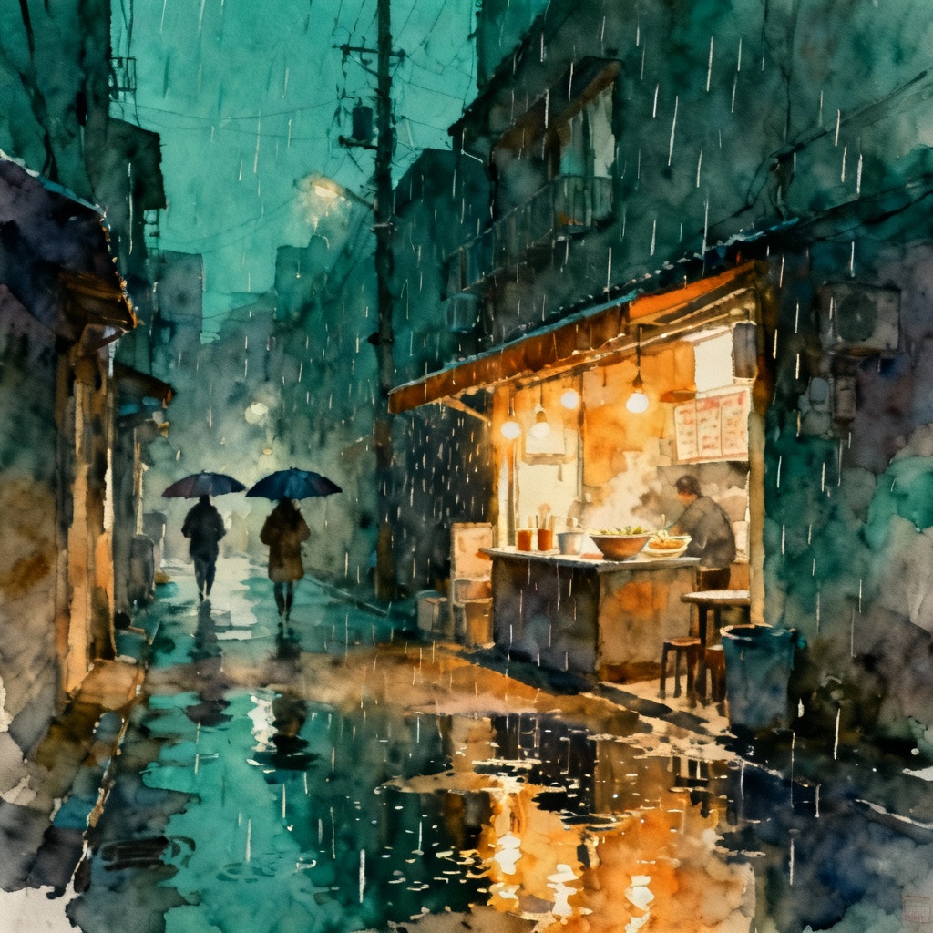 AI Ghibli-style rainy alley with umbrellas and noodle shop