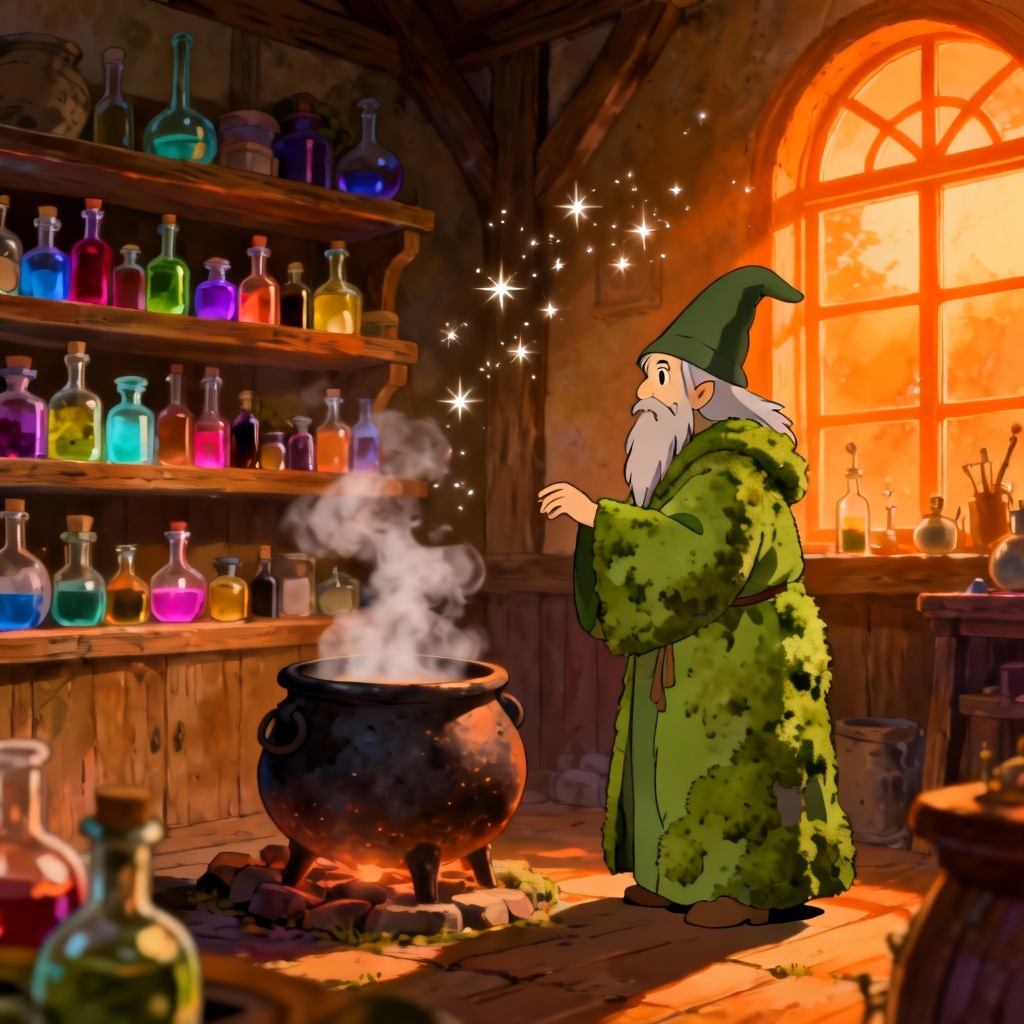 AI wizard brewing potions in a cozy wooden workshop