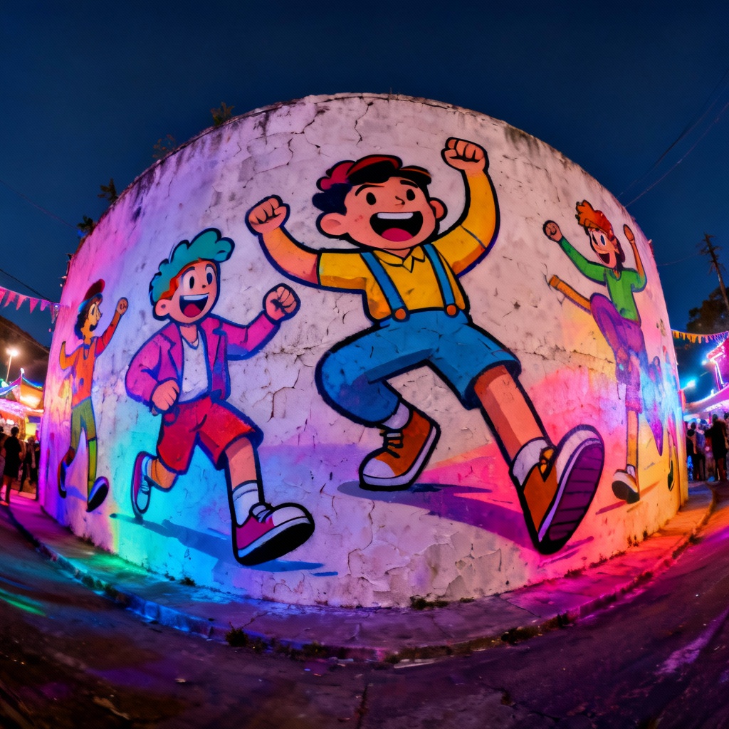 AI psychedelic street mural with neon characters