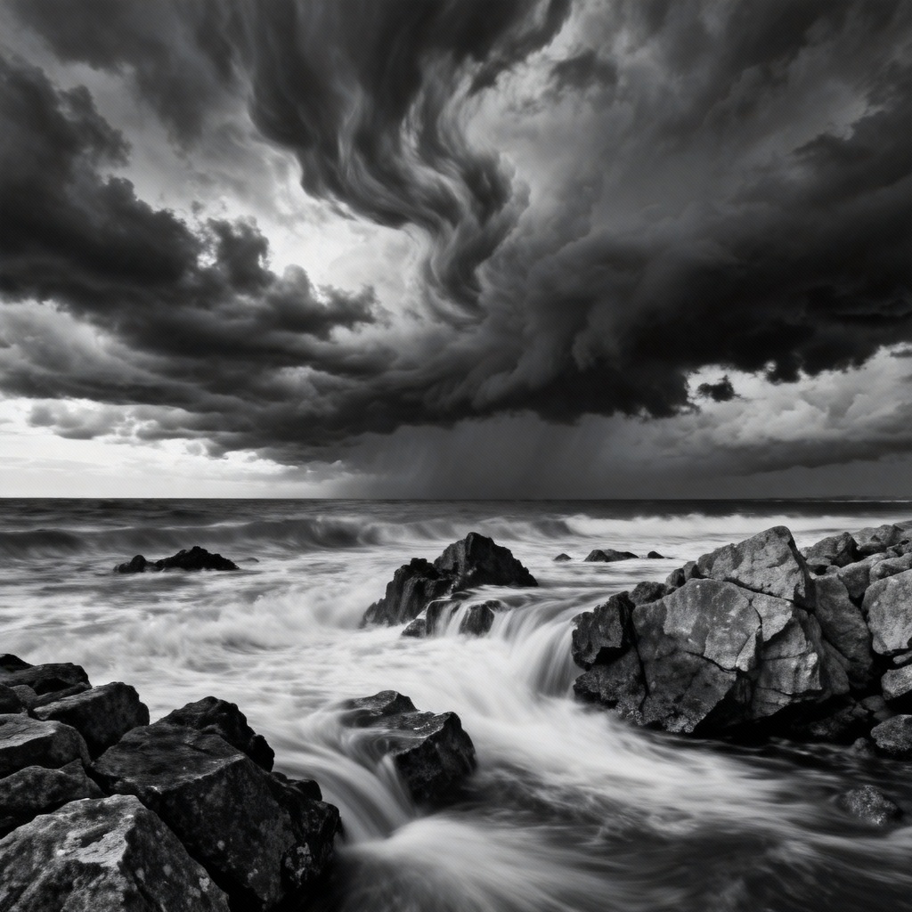 AI monochrome stormy beach seascape