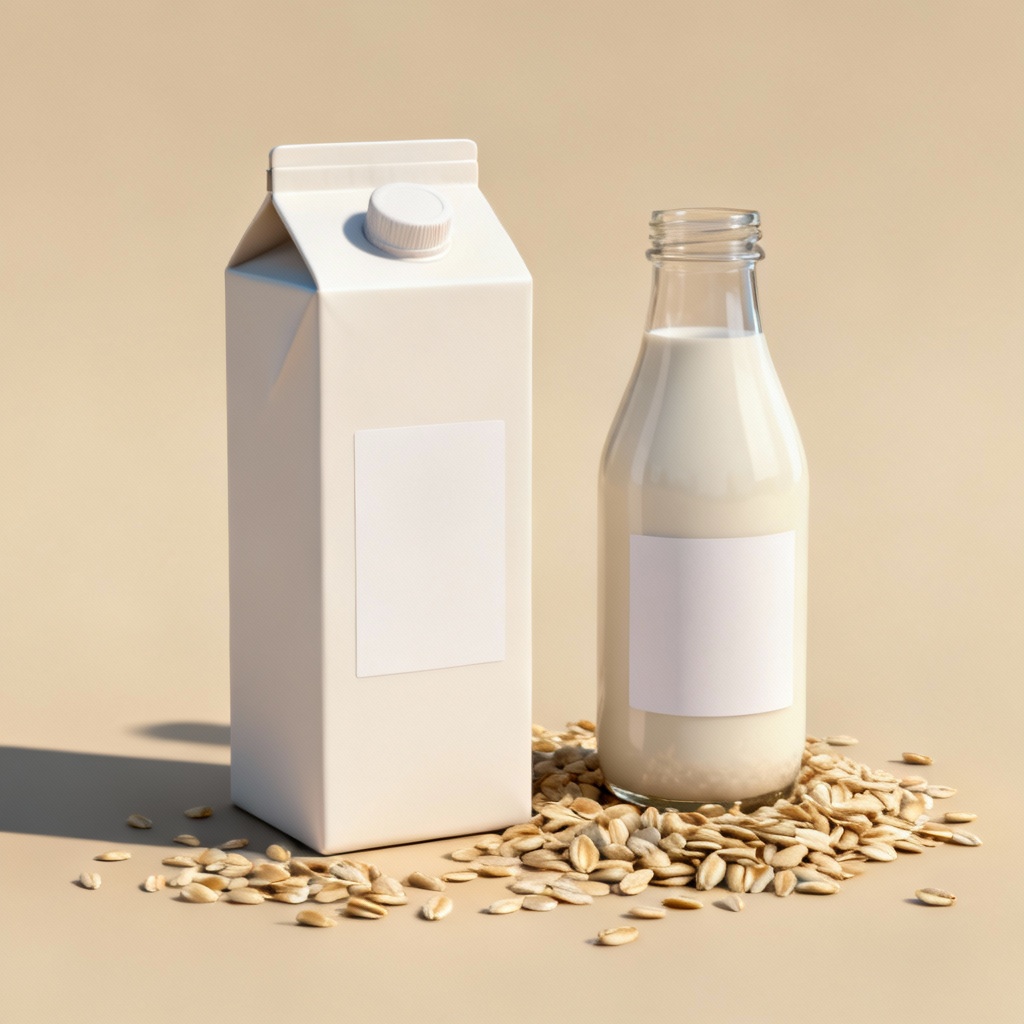 AI oat milk carton and bottle packaging mockup