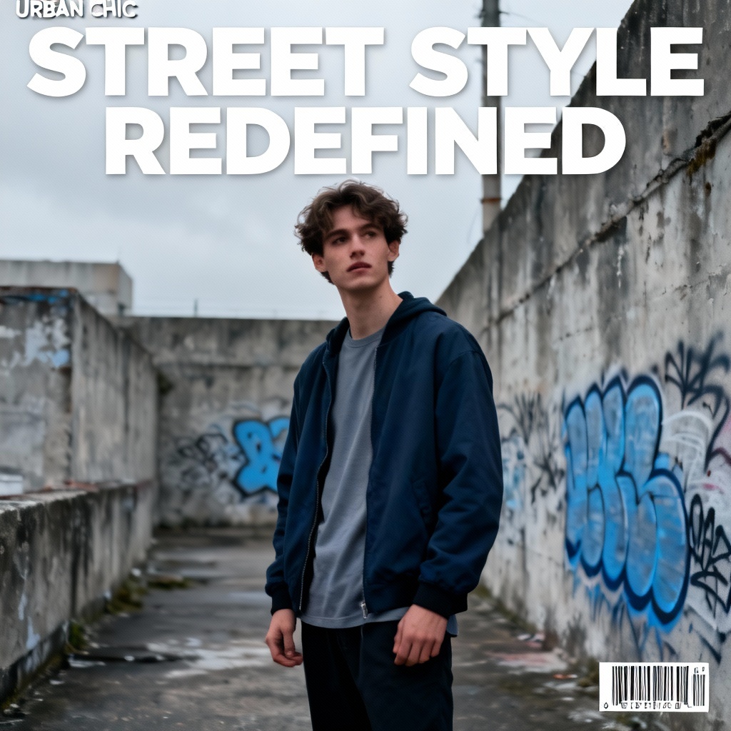 AI high-fashion street style magazine cover with urban backdrop
