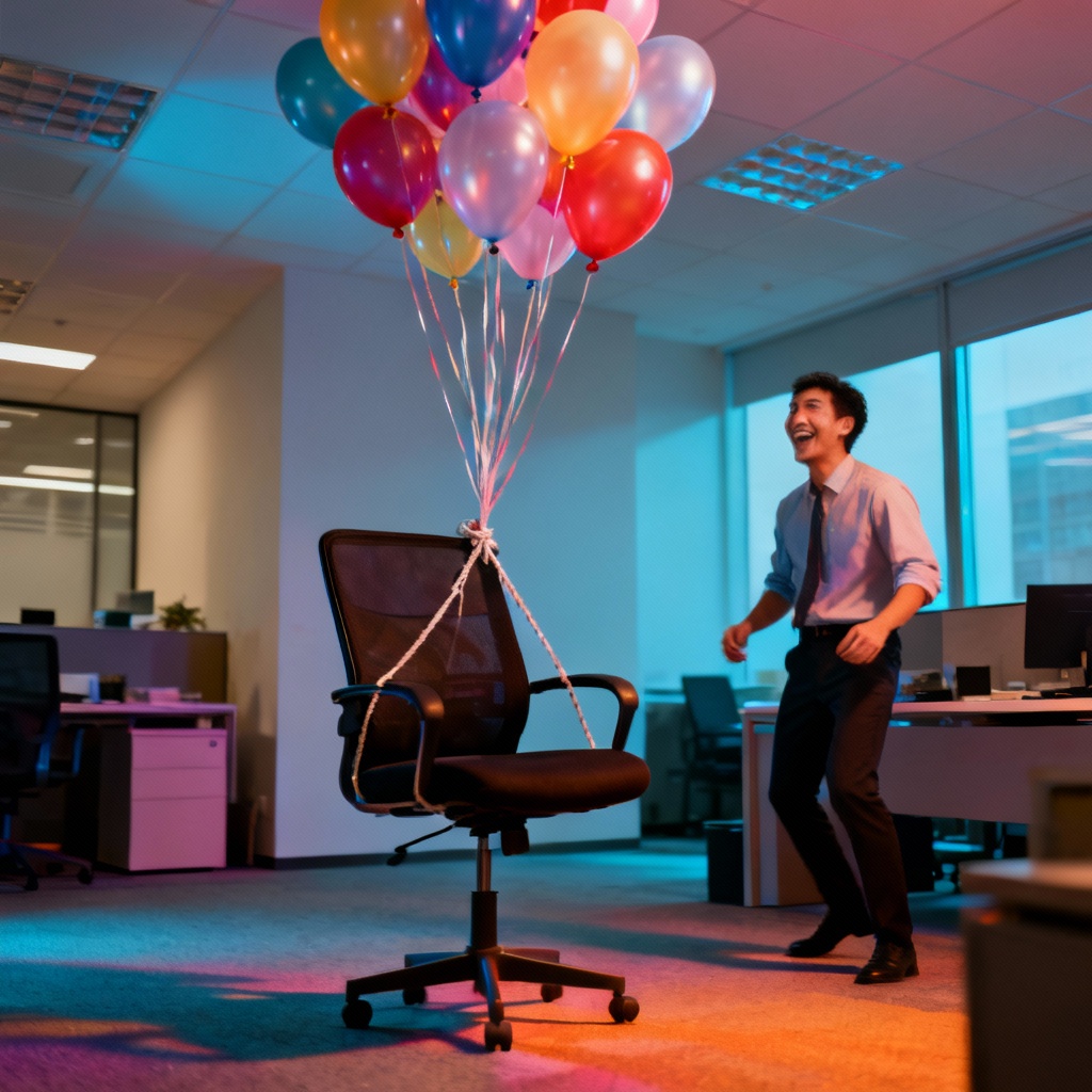 AI office prank with balloons lifting a chair