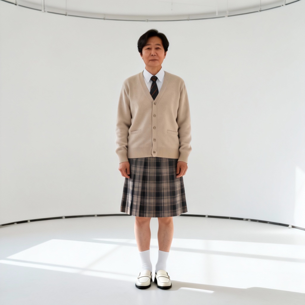 Fashion catalogue style photo of adult model in K-uniform