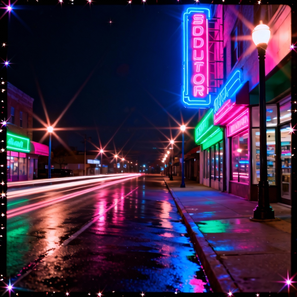 AI starburst sparkle filter on night city street photography