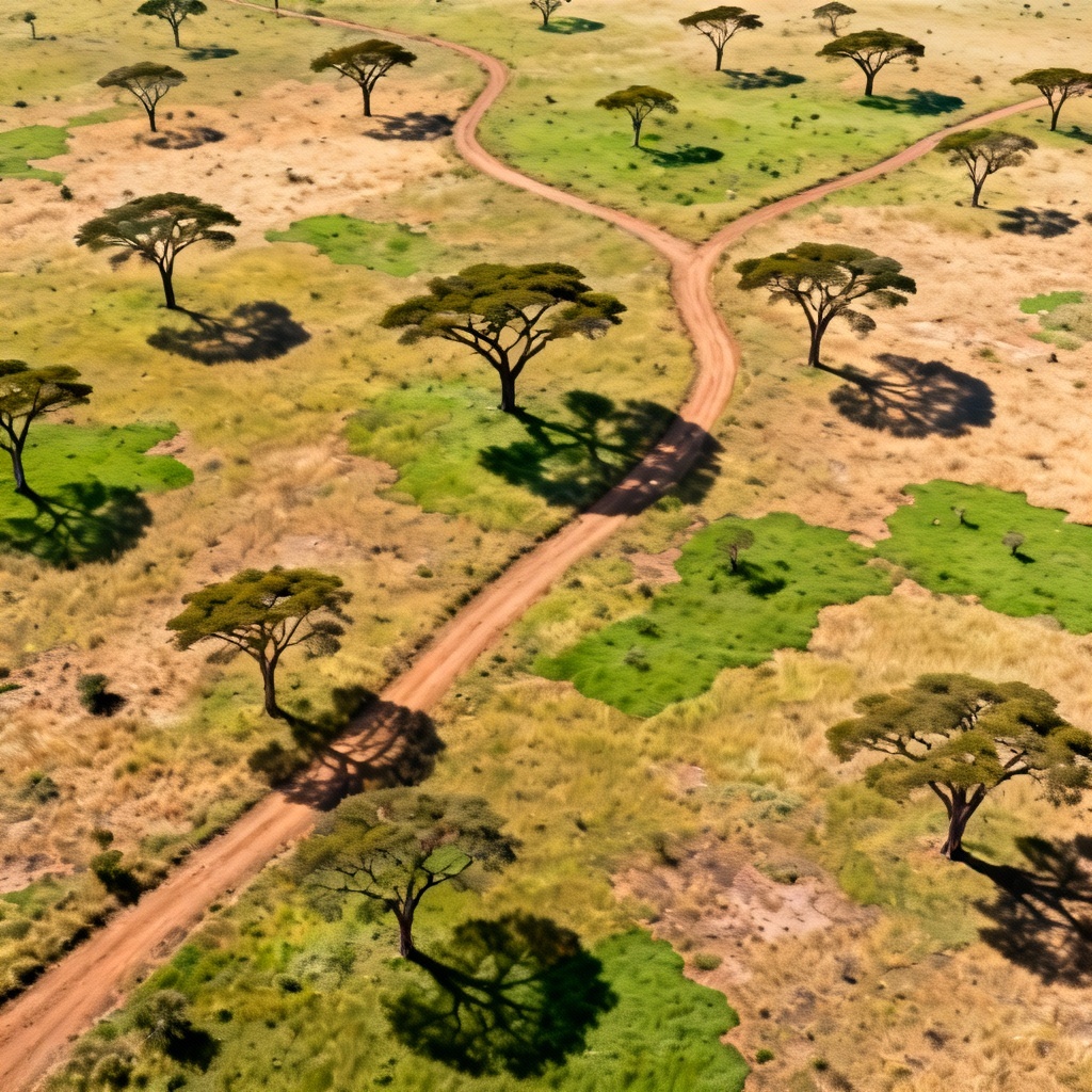 Aerial top-down savanna with acacia trees and paths