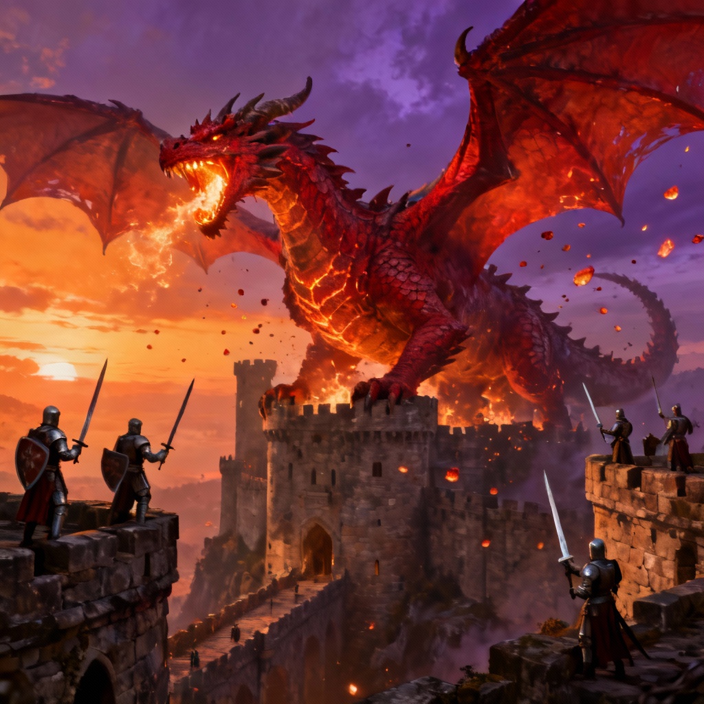 AI dragon boss fight over a burning keep