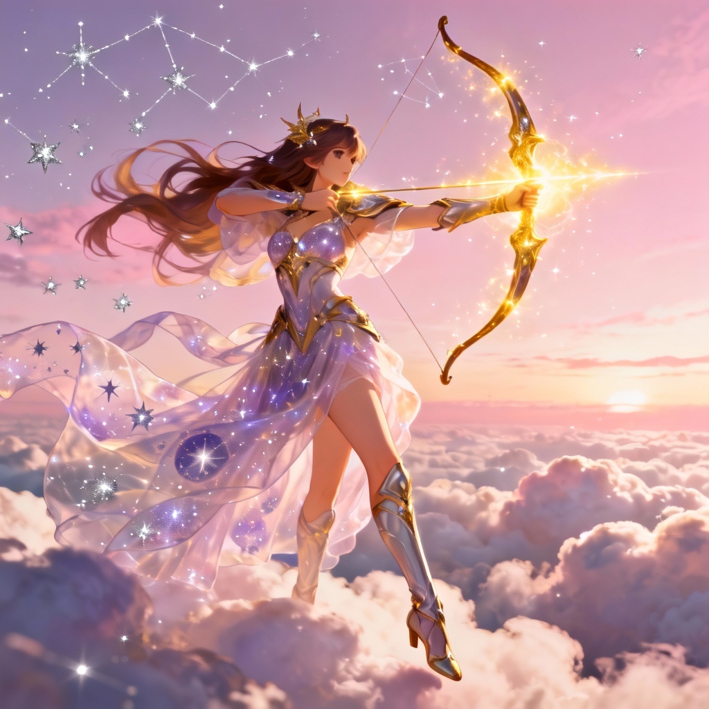 AI arcane archer superheroine above the clouds
