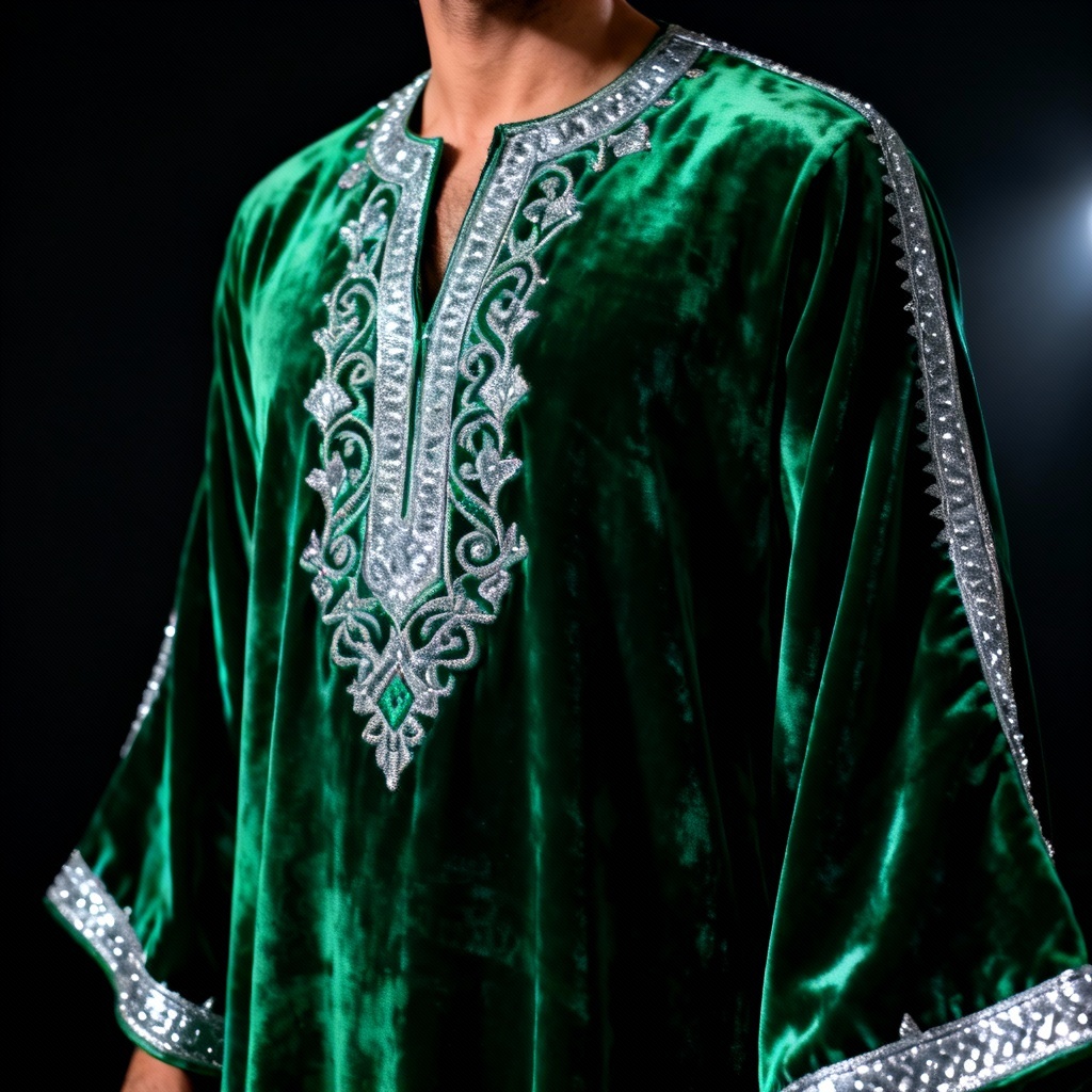 Emerald green djellaba with caftan-inspired embroidery