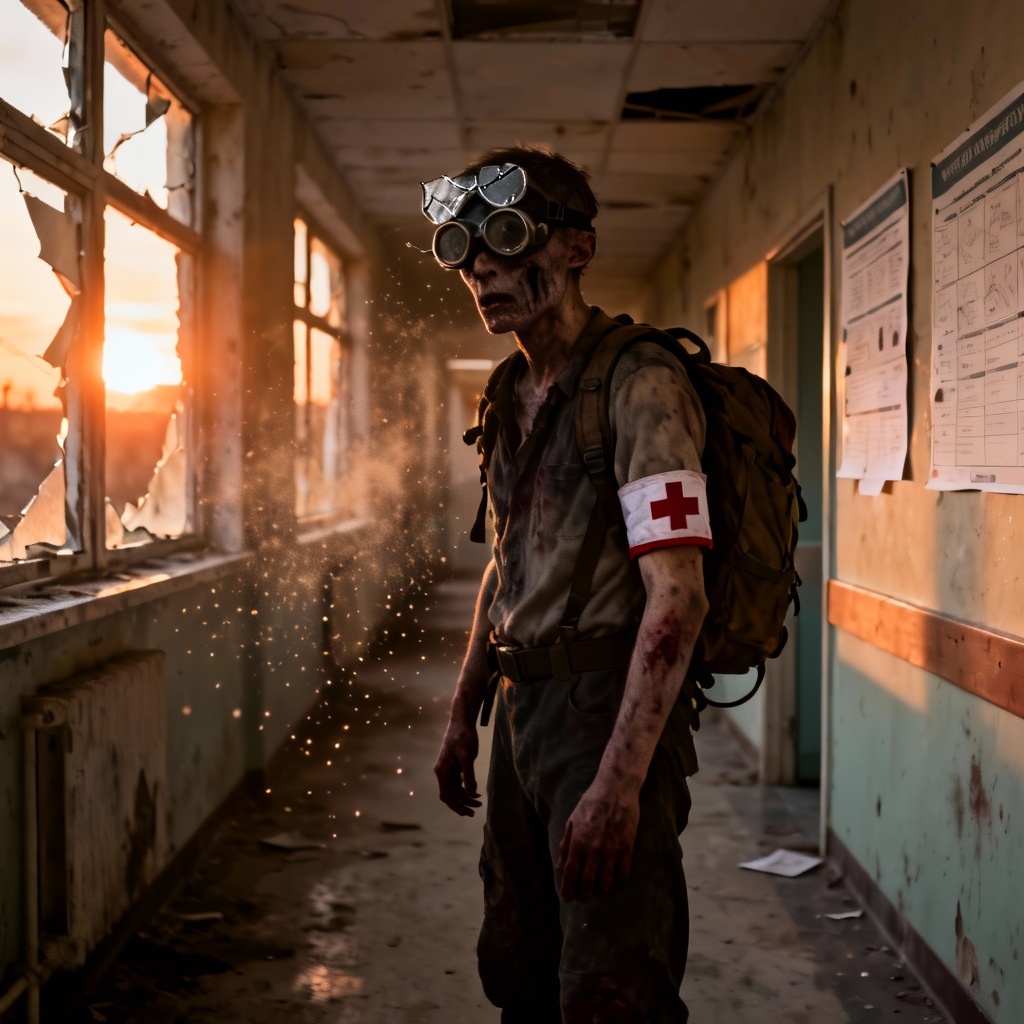 Post apocalyptic zombie medic with backpack in abandoned clinic