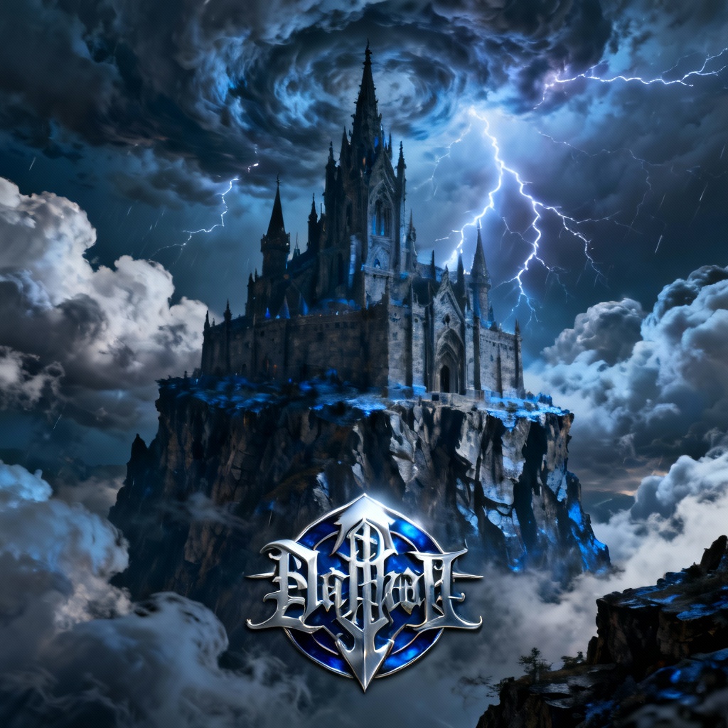 AI metal fantasy album cover with dark castle and lightning