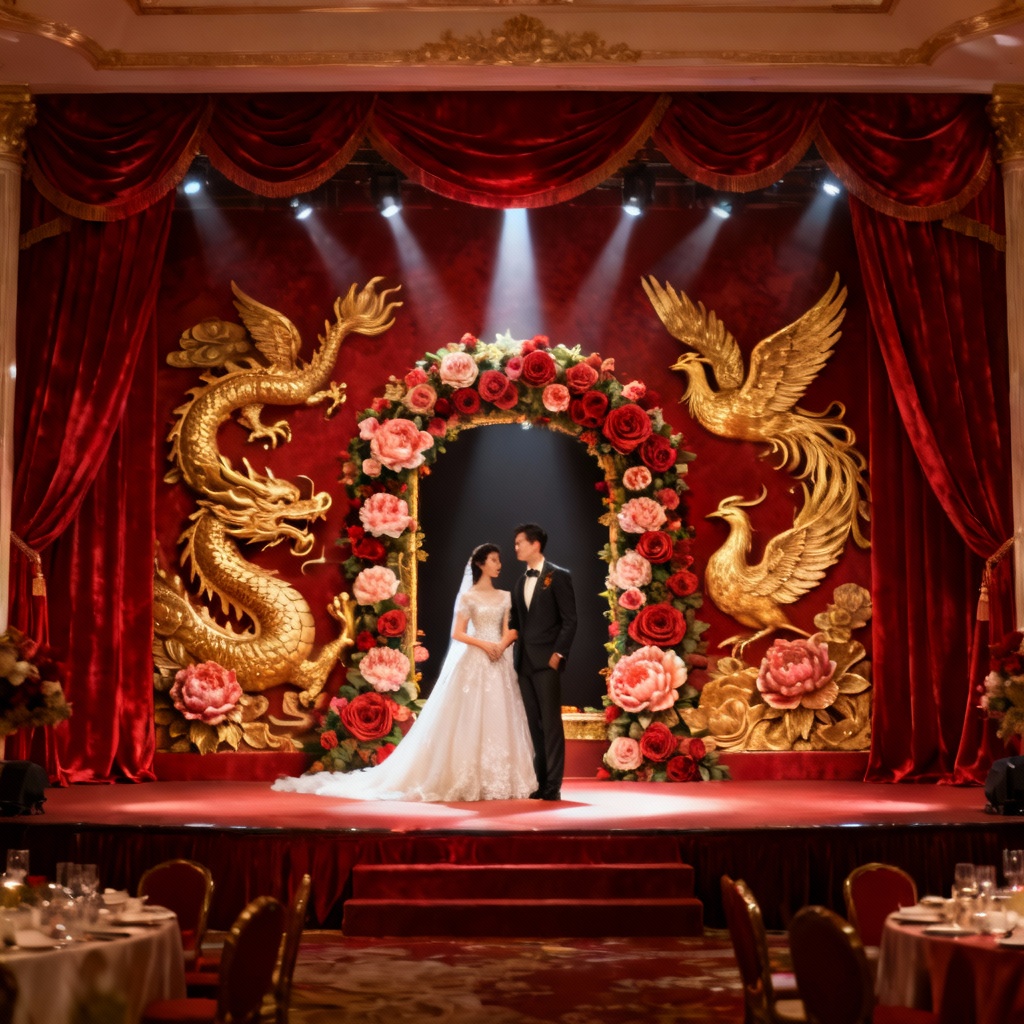 AI Chinese wedding stage with dragon and phoenix backdrop