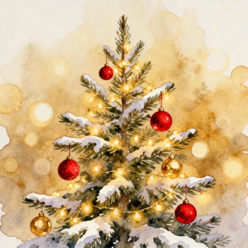 AI watercolor Christmas tree drawing with lights and ornaments