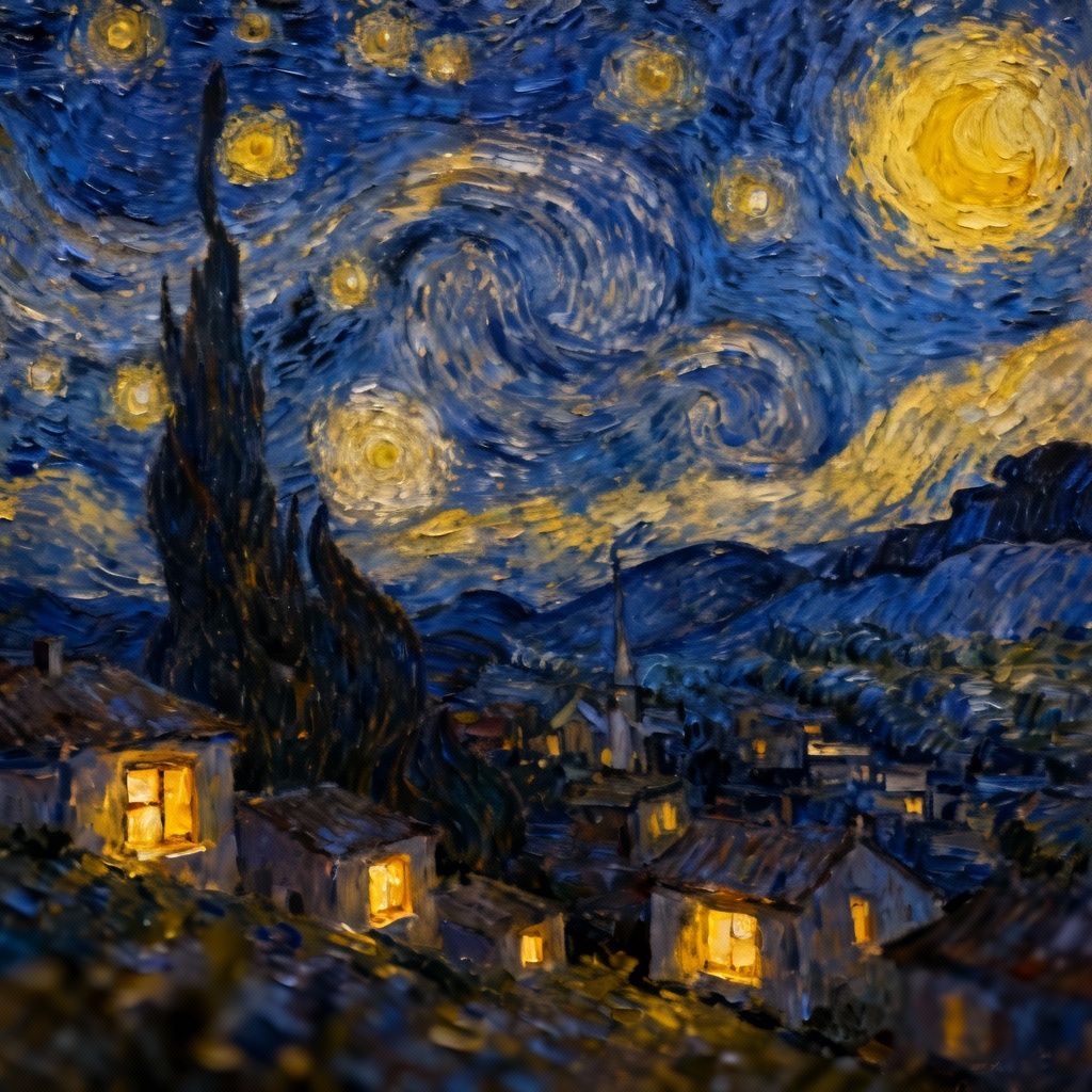 AI painterly starry village night scene