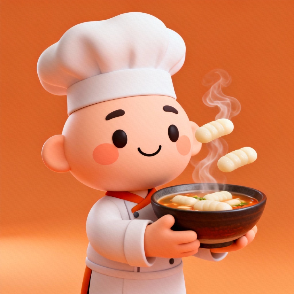 3D tteokguk chef mascot holding a steaming soup bowl