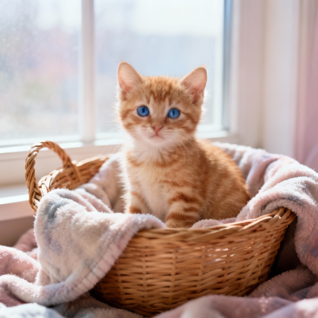 Ginger tabby kitten with blue eyes in cozy basket