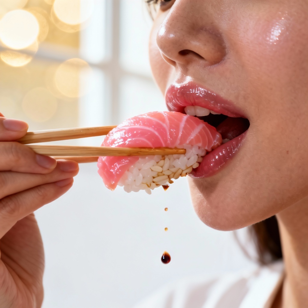 AI closeup of sushi eating action