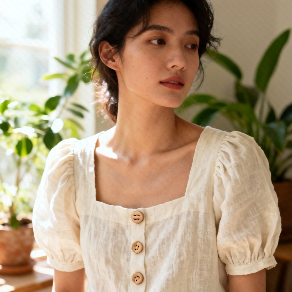Linen puff-sleeve cream blouse eco texture