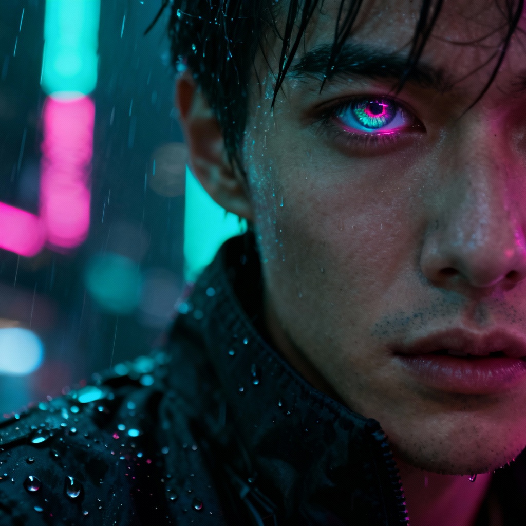 Cyberpunk hero with neon wide-eyed look