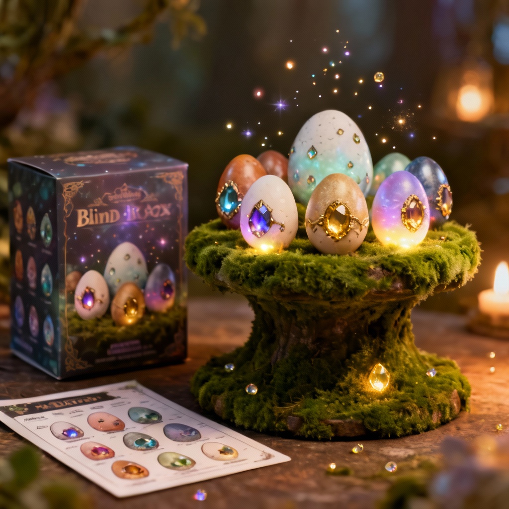 Fantasy creature egg blind box lineup with rarity glow