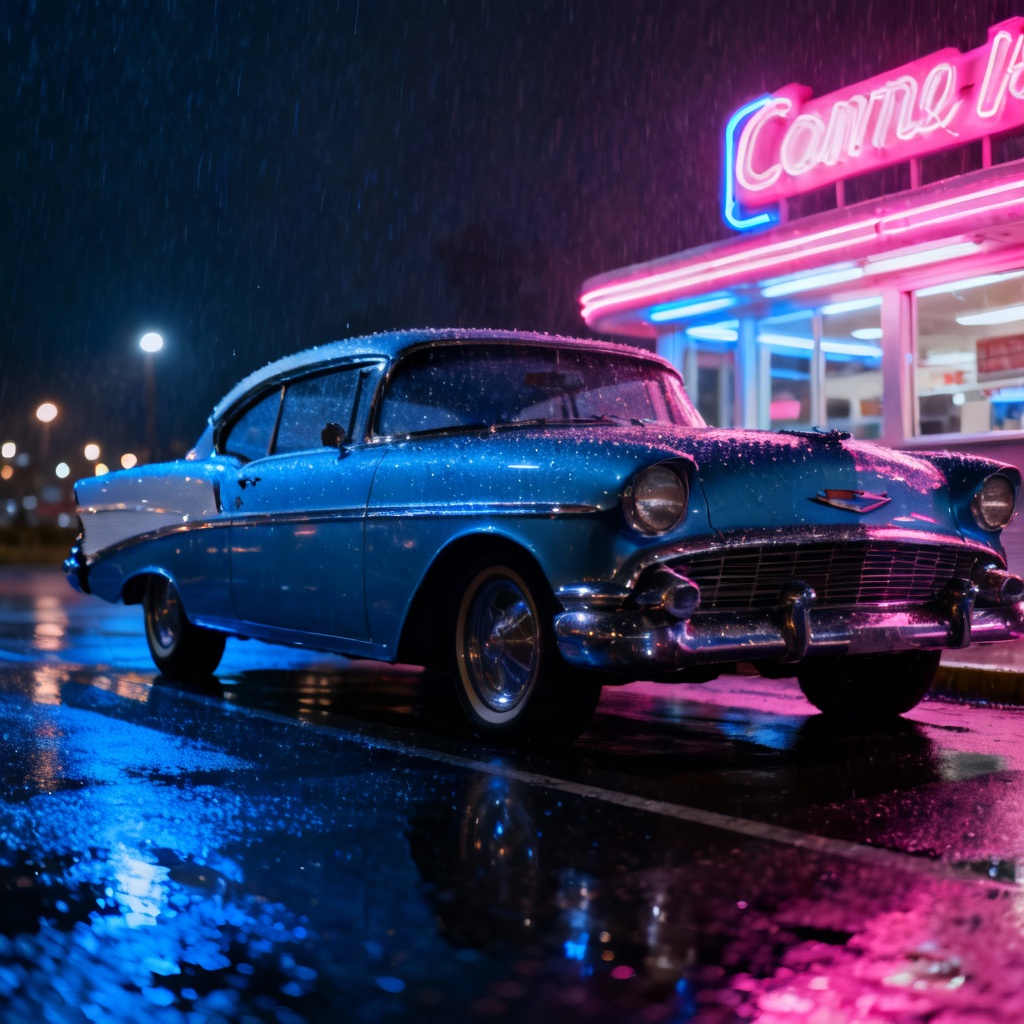 AI classic car at neon diner with night reflections