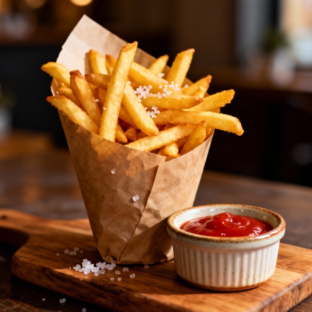 Photorealistic closeup of crispy french fries with ketchup dip