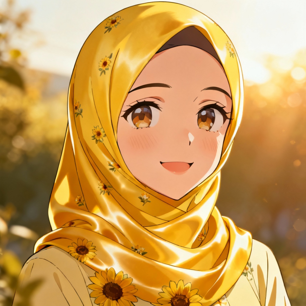 AI anime portrait with floral yellow hijab in sunlight