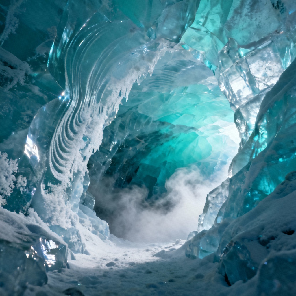 AI crystal ice cave with turquoise light and frosted textures